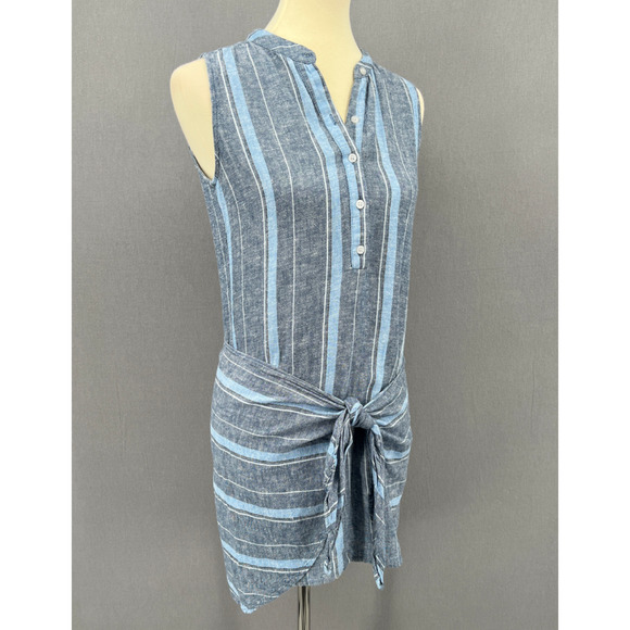 Drew Dress Womens XS Morgan Blue Striped Sleeveless Tie Front Linen Blend Shift - Picture 5 of 12